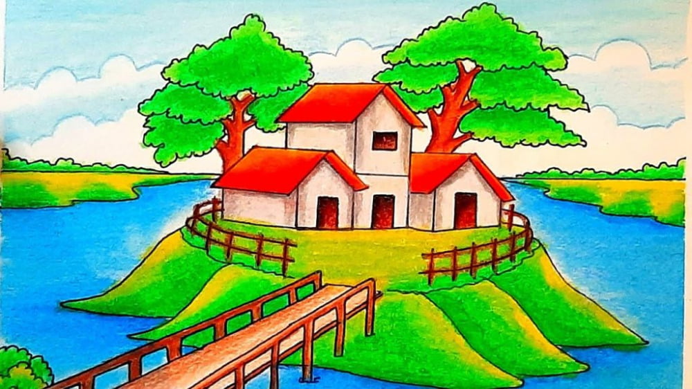 Contoh Gambar Pemandangan Alam Yang Mudah Ditiru Rumah Di Tengah Danau