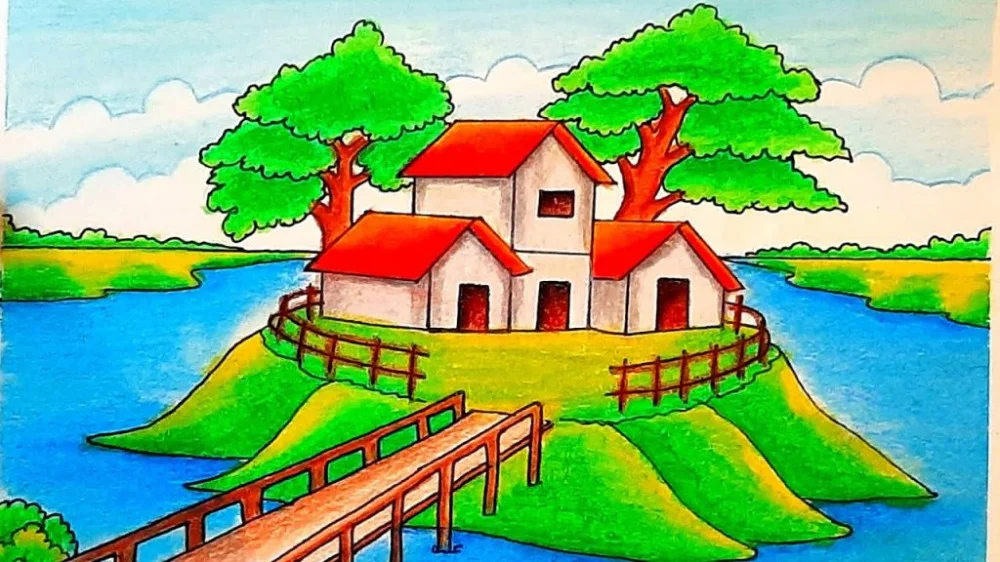 Contoh Gambar Pemandangan Alam Yang Mudah Ditiru Rumah Di Tengah Danau