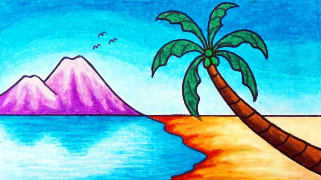 Contoh Pemandangan Alam Yang Mudah Ditiru Pantai Dengan Gunung
