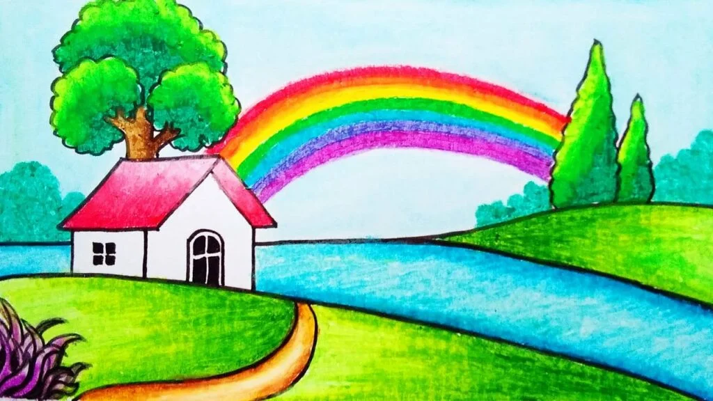 Gambar Pemandangan Pelangi Dengan Rumah